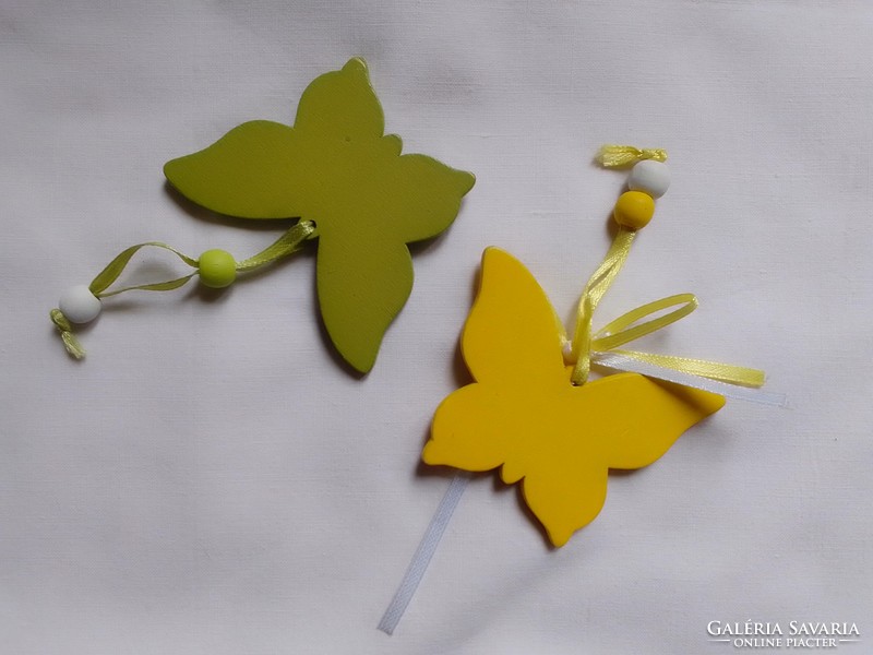Two painted wooden butterflies yellow green butterfly hanging figure Easter spring decoration 7x5.5 cm