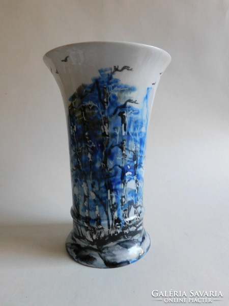 Signed porcelain vase painted by painter G. Bucur - birch forest