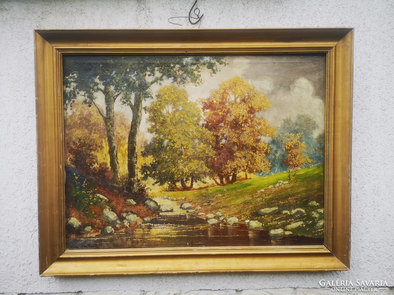 Antik Tájkép festmény Vári Vojtovits Zoltán erdő részlet patakkal katalógusos kép