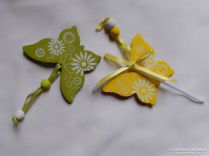 Two painted wooden butterflies yellow green butterfly hanging figure Easter spring decoration 7x5.5 cm