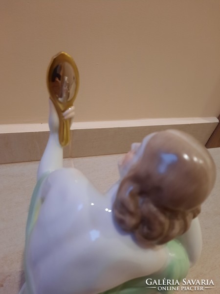 Herend porcelain woman with a mirror, looking into the mirror, female nude figure