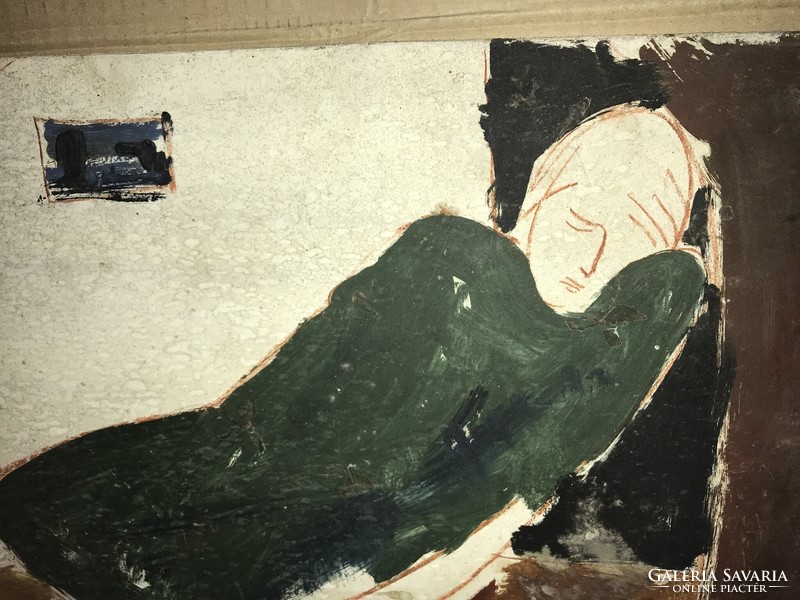 Modern festmény Pihenő nő  olaj, farost kb .1960 körüli