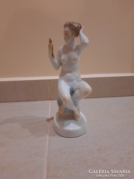 Jubilee Herend woman holding a mirror, looking into the mirror, female nude porcelain figure