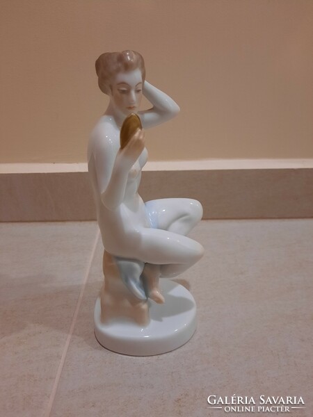 Jubilee Herend woman holding a mirror, looking into the mirror, female nude porcelain figure