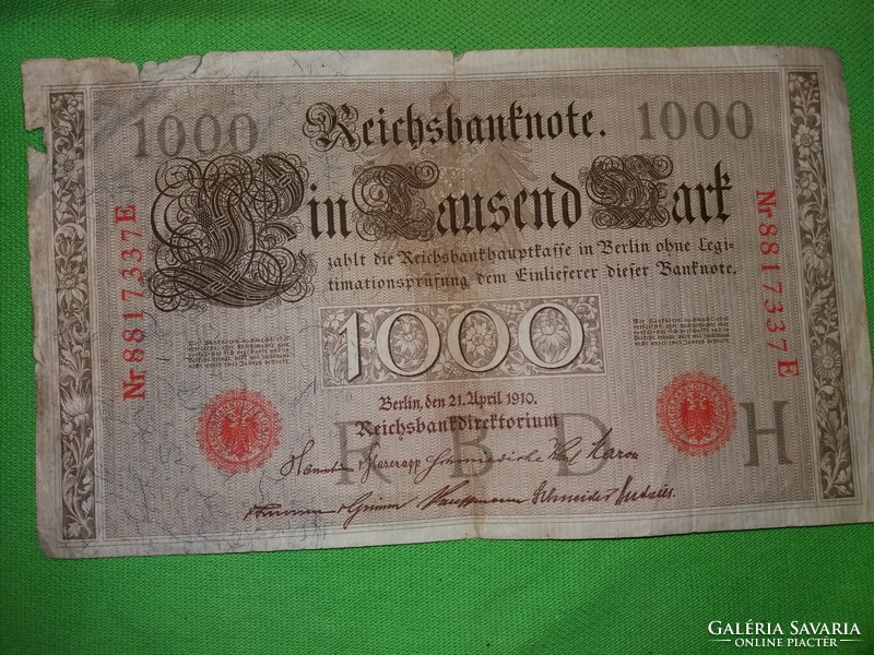 Antik német 1000 márka papír pénz bankó felül pecsételt a képek szerint