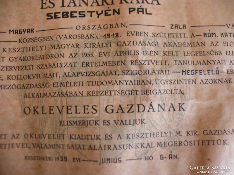 Régi oklevél-Magyar Királyi Gazdasági Akadémia pecséttel,fa dobozban,felülbélyegzéssel (1939.Jún.15)