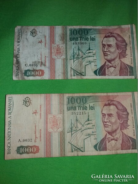 Régi 1993. május bankjegyek román 2 db 1000 lej, 2000 lej összértékben egyben a képek szerint