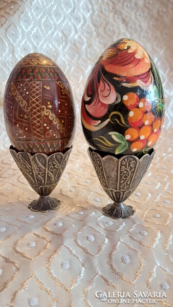 Pair of antique silver-plated egg holders, antique wood with Easter eggs, antique Easter decoration (m3562)
