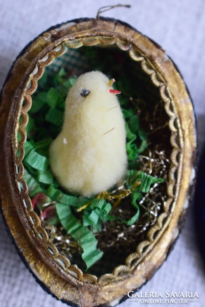 Antique Easter papier-mâché egg, decorative painted silk cover, metal thread bow inside, chick figure 8.5 cm
