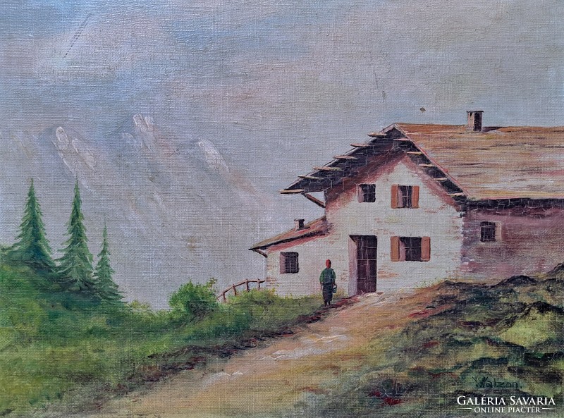 Hazatérés - Alpesi táj házzal  - jelzett olajfestmény, Matzon