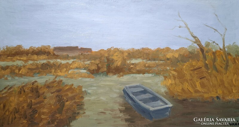 József Tímár: landscape with boats - oil painting, contemporary painter