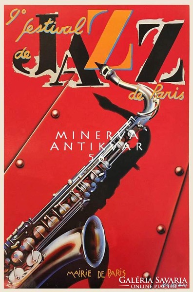 Jazz fesztivál koncert zene szaxofon fúvós hangszer Párizs Vintage reklám plakát reprint