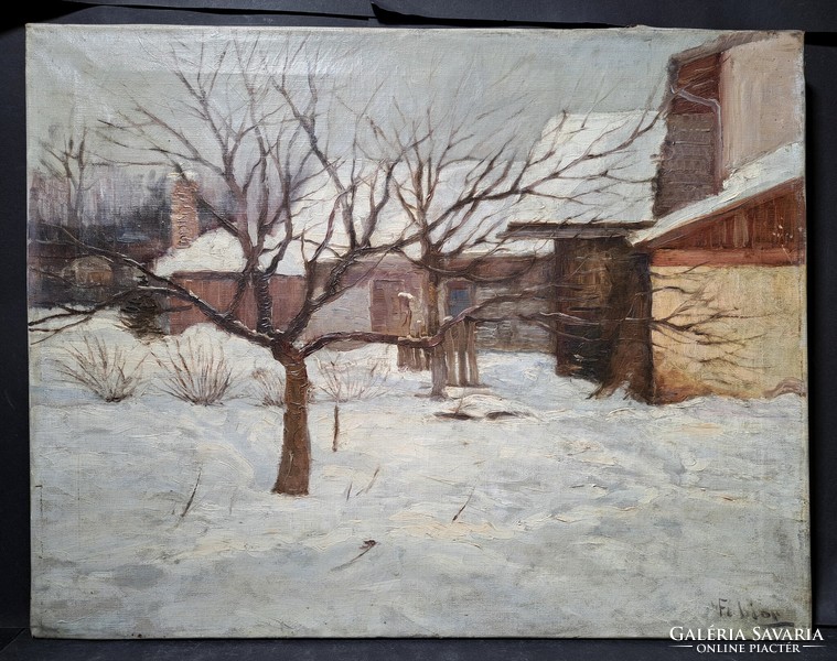 Snowy rooftops - winter street scene with Fabian sign - oil painting
