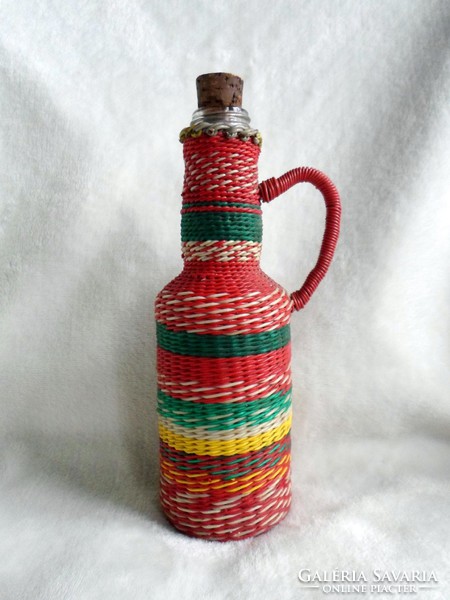 Old retro, beautiful small glass demijohn bottle woven with wire 19.5 cm