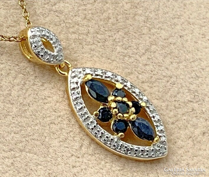 Csodás zafír - gyémánt drágaköves medál , 14K aranyozva--új