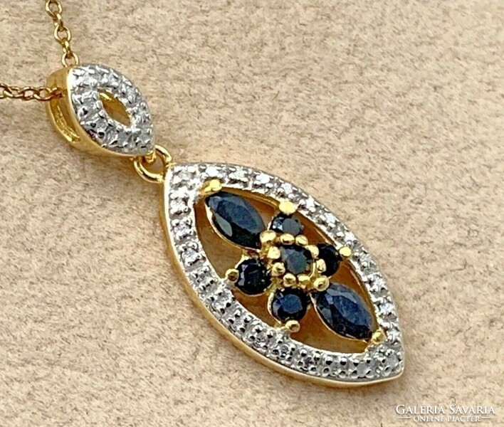 Beautiful sapphire-diamond gemstone pendant, 14k gold-plated--new