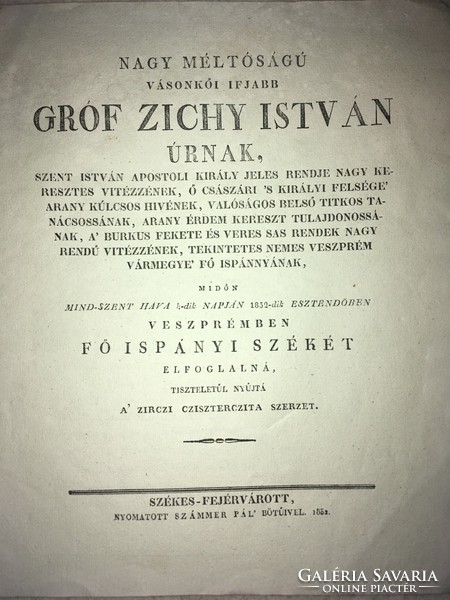 /1852/Gróf István Zichy, ..... would occupy the chair of Főispányi, the cziz of Zircz paid his respects