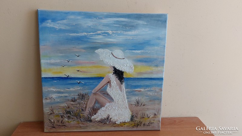 (K) waterfront, lady in hat painting 40x40 cm