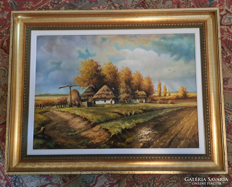 Farmhouse oil painting by Béla Ferenczi 88x68 cm with frame