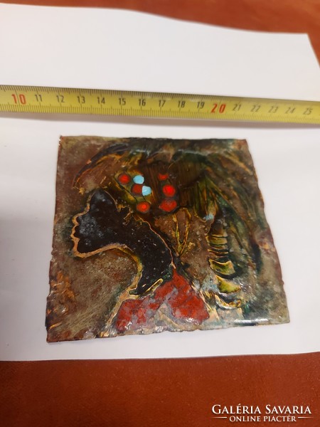 Fire enamel picture, female figure, approx. 9X9 cm