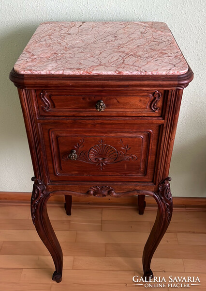 Antique baroque-style bedside cabinet with marble top and inlay, chest of drawers