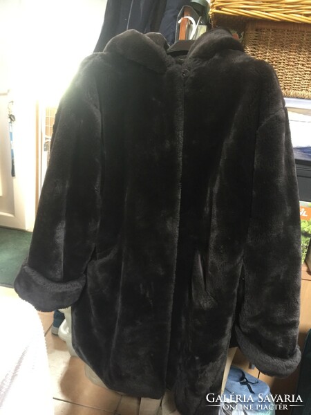 Dark brown, hooded, panofix faux fur coat for size 38