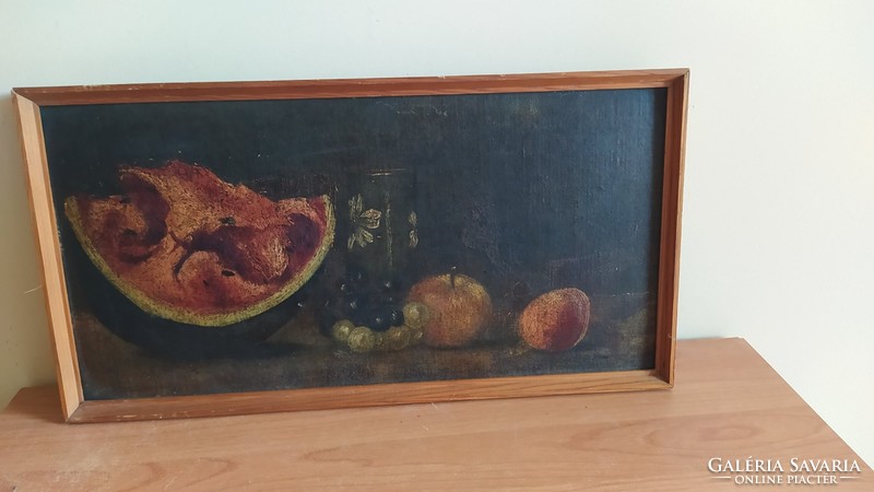 (K) Antik gyümölcs csendélet festmény 51x27 cm kerettel