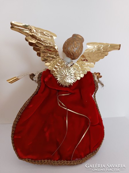 Christmas koestel angel top decoration with wax head in burgundy dress with golden wings 19 cm