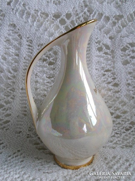 Jelzett antik irizáló, aranyozott Ges Gesch kézimunka porcelán, hibátlan 15 cm