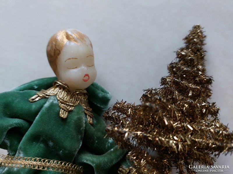 Christmas koestel angel with Christmas tree top decoration wax head green velvet dress 24 cm
