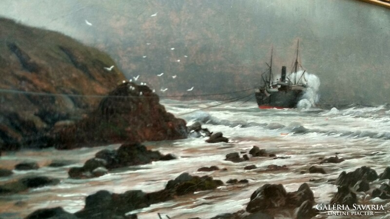 Antik festmény Koszkol Jenő 1897 Báthori Magyar gőzös hajó tengerpart