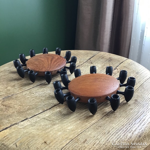 Pair of old Danish Jens Quistgaard candle holders decorated with teak wood