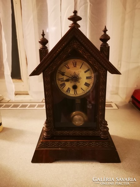 Antique carved smaller wall clock, table clock 1800s lovely graceful clock, library clock.