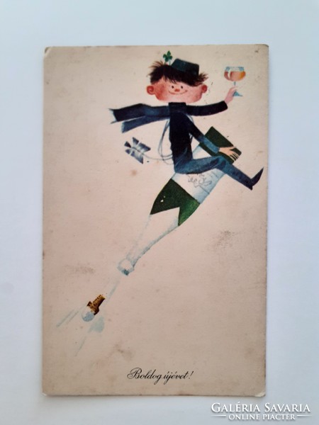 Old New Year's postcard with a picture of a bubbly chimney sweep