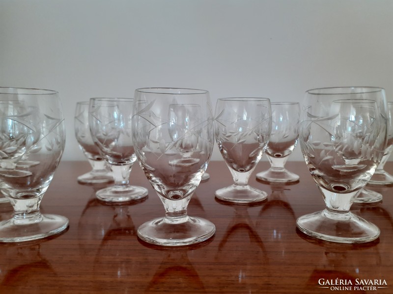 Retro set of 12 stemmed glasses, polished old glass glasses for short drinks