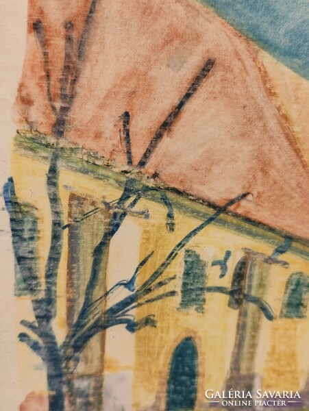 Contemporary painter Attila Korényi, detail of Szentendre street with church, 1991. Watercolor cardboard without frame
