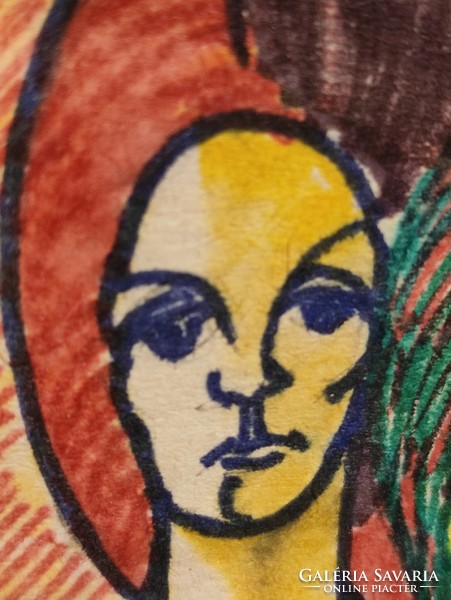 Korényi Attila kortárs festő: "Trió" női portré filctoll kis karton kép keret nélkül
