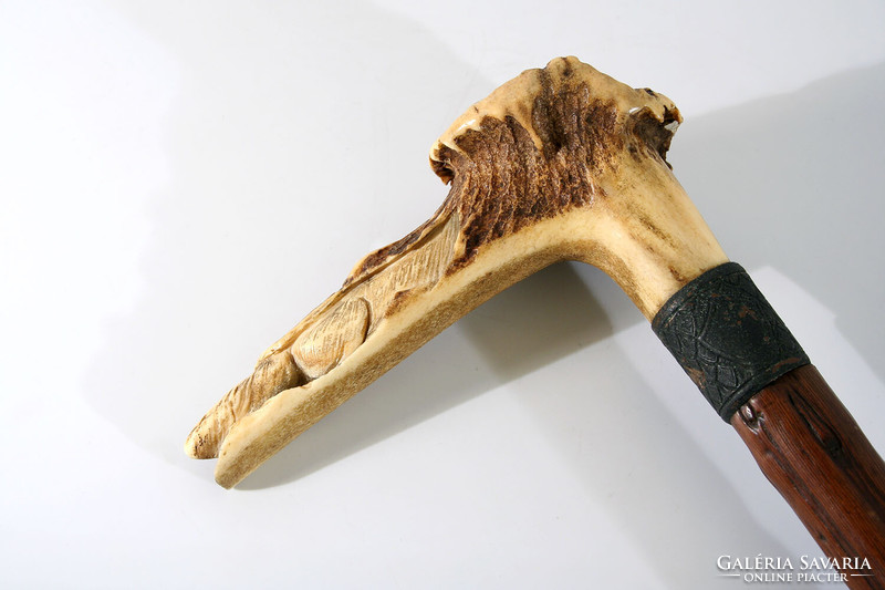 Carved walking stick with antler handle fox in the tree trunk in the hollow in the den walking stick deer antler handle