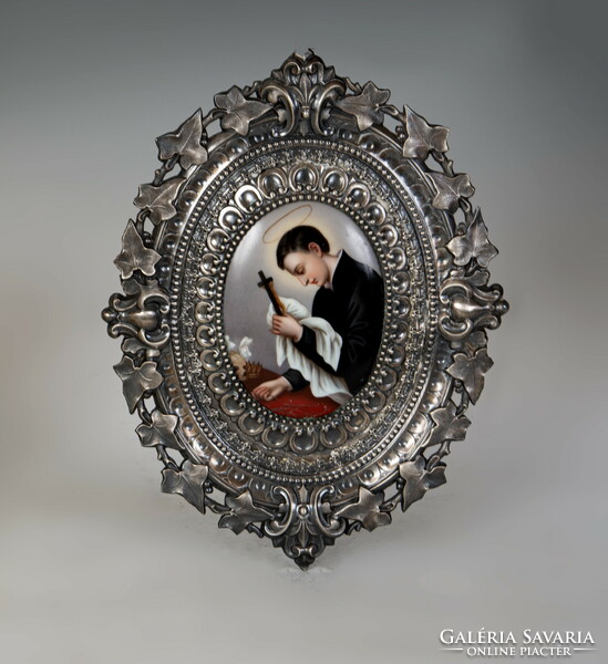 Ezüst koszorúba foglalt porcelán szent kép - Gonzaga Szent Alajos