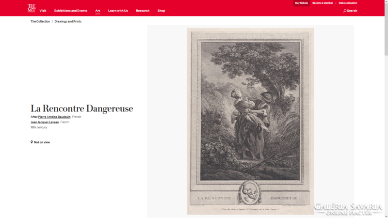 A veszélyes találkozás (antik rézmetszet XVIII. század) életkép Baudouin (francia) festmenye után -