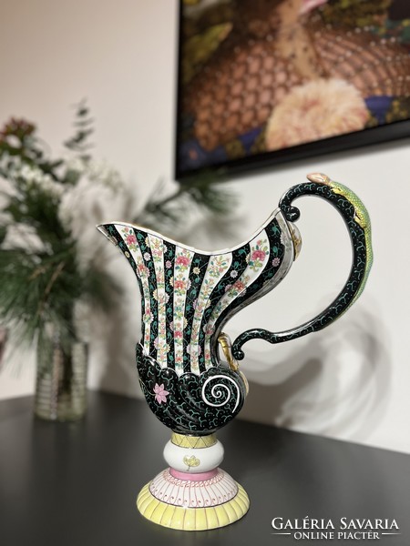Herendi porcelán dísztágy,kiöntő, Siang Noir dekorral,pecsétes jelzéssel 35 cm magas