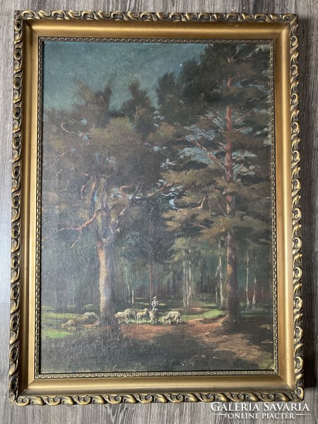 Forest with sheep painting, unknown artist, 61 x 85 cm oil, framed
