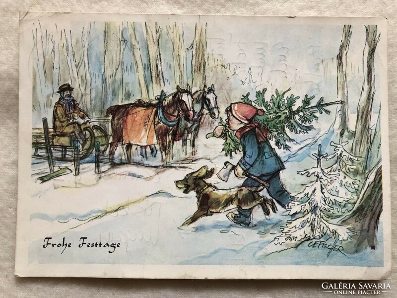 Régi grafikus Karácsonyi képeslap                -6.