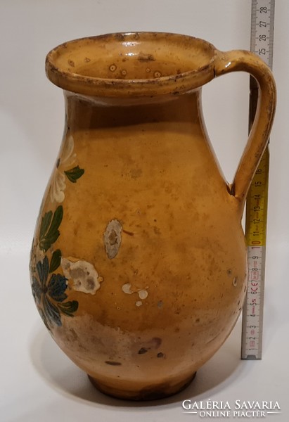 Folk, dark blue, white floral pattern, light brown glazed ceramic milk jug (2591)