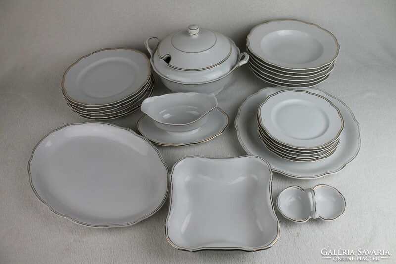 Zsolnay white, 24-piece gold-edged, shield-stamped dinnerware set