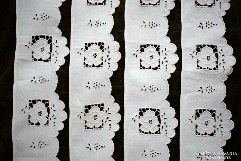 Szecesszió csipke polc dísz drapéria függöny madeira lyuk hímzés ~120 x11,5 cm x 4db. garnitúra