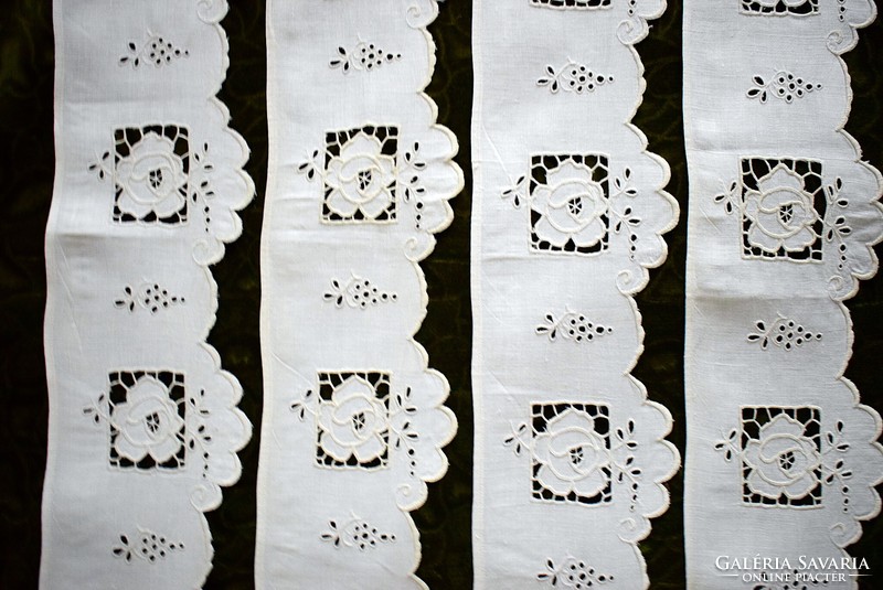 Szecesszió csipke polc dísz drapéria függöny madeira lyuk hímzés ~120 x11,5 cm x 4db. garnitúra