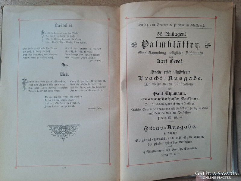 Német gótbetűs szerelmes versek ZETTEL.. HEIDENRÖSLEIN --KEPLER rajzaival 1885 körül STUTTGART