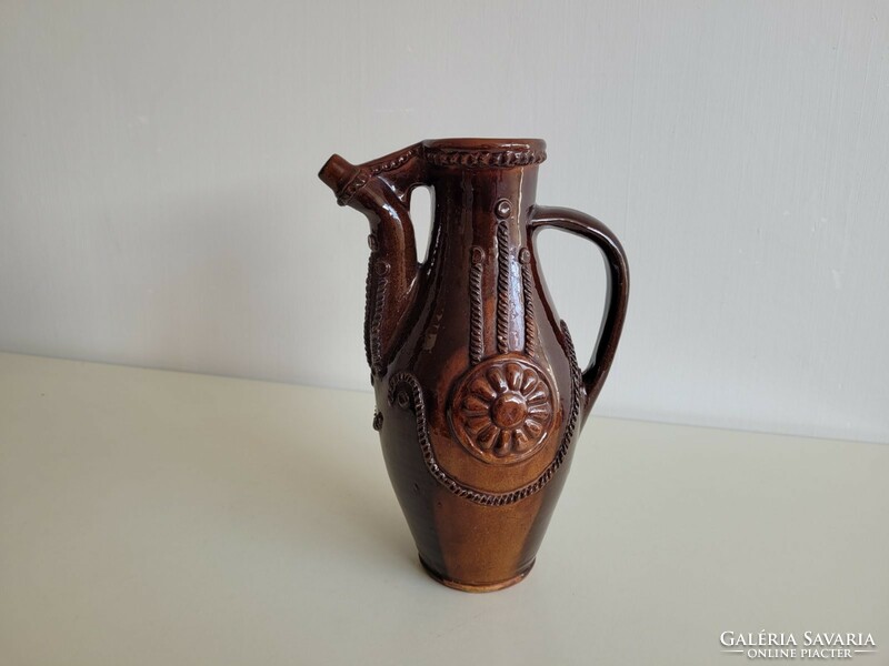 Old brown glazed ceramic retro jug convex 27.5 cm patterned spout