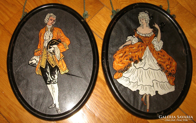 A real curiosity!! 1928 Rococo pair of hand-painted glass pictures in oval frames